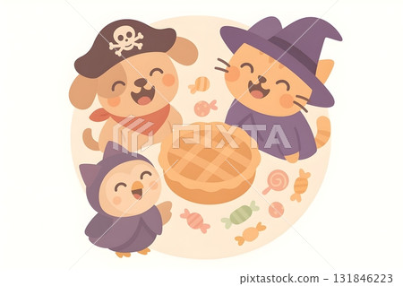 Adorable Halloween scene with pirate puppy, witch cat, and baby owl laughing around a lattice pie 131846223