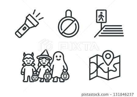 Halloween safety line icons flashlight, prohibition sign, crosswalk, trick-or-treat children with pumpkin buckets 131846237