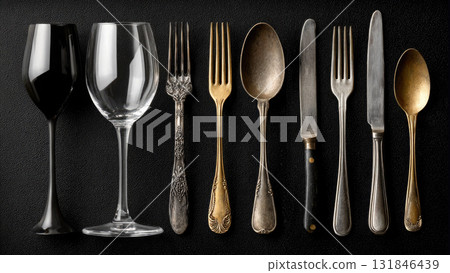 Elegant vintage cutlery and wine glasses arranged neatly on a black textured background, perfect for fine dining, restaurant decor, or holiday table setting inspiration 131846439