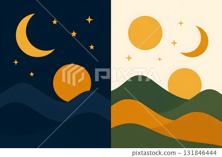 Abstract split landscape showing day and night: golden sun, crescent moon 131846444