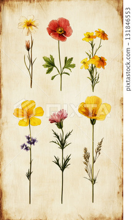 A vintage-inspired botanical illustration of six wildflowers Cowslip, Pasque Flower, Pheasant's Eye, Evening Primrose, Buttercup, and Wild Geranium on an old paper background in a minimalist design 131846553