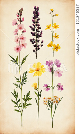 A minimalist botanical illustration of six wildflowers Common Heather, Cowslip, Oxeye Daisy, Wild Thyme, Fireweed, and Lupine set against a vintage old paper background, soft pastel hues for a clean 131846557
