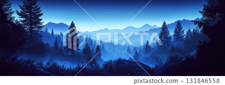 A serene panoramic view captures the mysterious redwood forest at dusk, with giant trees silhouetted against a deep blue sky and the fading light casting shadows over the cool landscape, banner 131846558