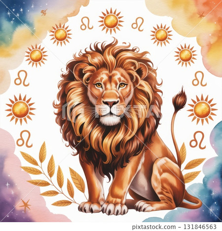 Majestic Lion Surrounded by Vibrant Sun Symbols in a Colorful Fantasy Watercolor 131846563