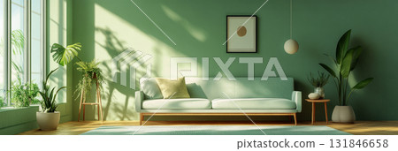 Elegant living room interior decorated in mint and olive hues, showcasing a harmonious blend of clean aesthetics and cozy minimalist home decor trends, banner 131846658