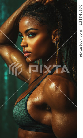 An inspiring fitness photography shot capturing a proud and confident woman flexing her bicep, showcasing her muscular strength and empowerment with bold lighting and a sleek, dark backdrop 131846670