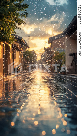 The city street is wet and calm during the rain in the early morning, with fresh droplets splashing from rooftops, soft light filtering through the clouds and a tranquil, reflective mood The city street is wet and calm during the rain in the early morning, with fresh droplets splashing from rooftops, soft light filtering through the clouds and a tranquil, reflective mood 131846725