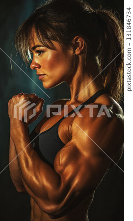 An inspiring fitness photography shot capturing a proud and confident woman flexing her bicep, showcasing her muscular strength and empowerment with bold lighting and a sleek, dark backdrop 131846734