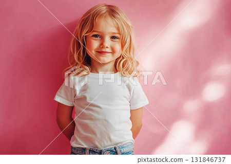 A cute smiling kid stands confidently in a white blank t-shirt and trousers against a pastel pink background, radiating joy and playfulness, perfect for a clothing mock-up 131846737