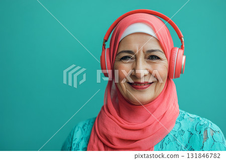 A smiling Arab grandma with headphones on her head, set against a mint background, showcasing a clean and simple minimalist mock-up design A smiling Arab grandma with headphones on her head, set against a mint background, showcasing a clean and simple minimalist mock-up design 131846782