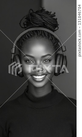 A joyful African American girl with headphones on, in a simple black and white composition, embodying the concept of music enjoyment or learning, expressed through clean, minimalist aesthetics 131846784