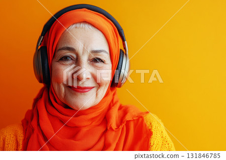 A smiling Arab grandma with headphones on her head, set against a yellow background, showcasing a clean, simple, and minimalist mock-up design A smiling Arab grandma with headphones on her head, set against a yellow background, showcasing a clean, simple, and minimalist mock-up design 131846785