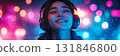 A cheerful Asian girl smiles as she wears headphones, embodying a futuristic high-tech style with a youthful, stylish, and confident flair, the pleasure of listening to music or studying, banner 131846800