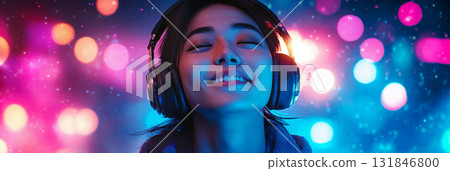 A cheerful Asian girl smiles as she wears headphones, embodying a futuristic high-tech style with a youthful, stylish, and confident flair, the pleasure of listening to music or studying, banner 131846800