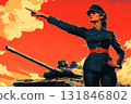 A bold and empowering advertising poster featuring a full-length female tanker in a crisp military uniform, standing confidently against a combat tank background, evoking patriotism 131846802