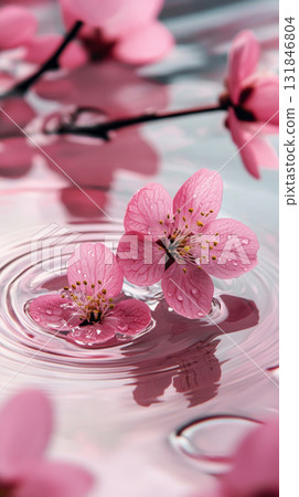 The surface of muted pink water is adorned with floating pink flowers, their petals gently creating ripples in the calm, tranquil water 131846804
