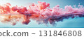 An abstract background shows pink ink floating and mixing in light blue water, creating an ethereal, dreamy atmosphere of color and fluid motion, banner 131846808