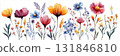 Wildflowers painted in watercolor style, isolated against a crisp white background, offering a clean, simple design ideal for botanical-themed posters and minimalist art, banner 131846810