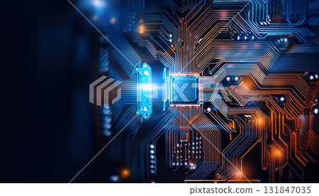 Circuit board illuminated by a striking blue light representing advanced ai powered automation architecture 131847035