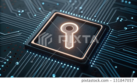 Glowing security key on circuit board in ai driven cybersecurity interface for protecting data 131847057