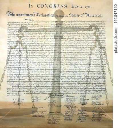 US Declaration of Independence on justice balance background 131847160