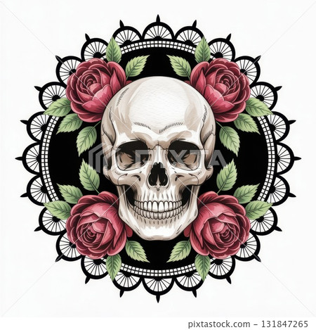 Beautiful Watercolor Illustration Featuring a Skull Surrounded by Roses and Intricate Lace Design 131847265