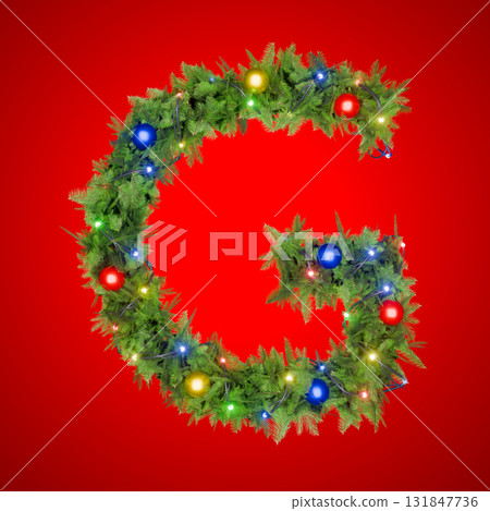 The letter G is decorated with a festive Christmas garland and colorful lights. 131847736