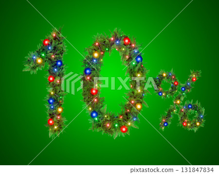 A festive 10 percent sign is formed by Christmas decorations A festive 10 percent sign is formed by Christmas decorations 131847834