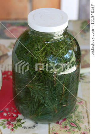 A jar with pine branches and sugar filled with water for making pine kvass and a pine tincture. A jar with pine branches and sugar filled with water for making pine kvass and a pine tincture. 131848187