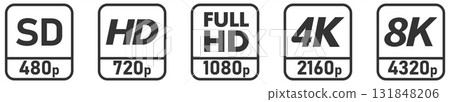 Simple video / screen resolution icons set, black letters with number below 131848206