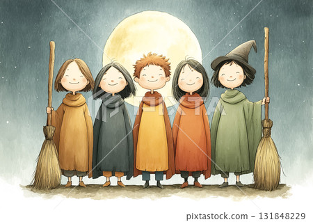 Witches lined up in front of the full moon 131848229