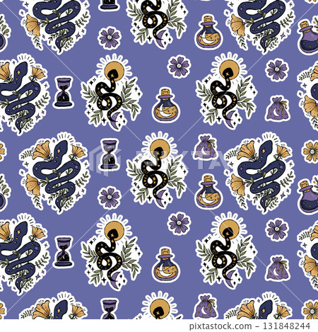 Seamless witchy Pattern with Mystical Snake, Flowers, moon, and celestial symbols on Blue Background. Repeating Textured Hand Drawing template. Vector illustration for magic, esoteric design. Not AI 131848244