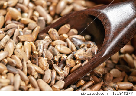 Blessed milk thistle seeds - Silybum marianum - in small wooden spoon, closeup macro detail Blessed milk thistle seeds - Silybum marianum - in small wooden spoon, closeup macro detail 131848277