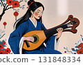 Young oriental woman plays a lute sitting among flowers and red lanterns. 131848334