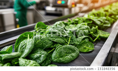 Close-up of fresh spinach on industrial conveyor in food factory Close-up of fresh spinach on industrial conveyor in food factory 131848356