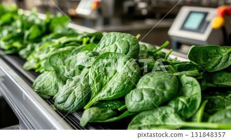 Fresh spinach leaves on conveyor belt in modern food processing plant Fresh spinach leaves on conveyor belt in modern food processing plant 131848357