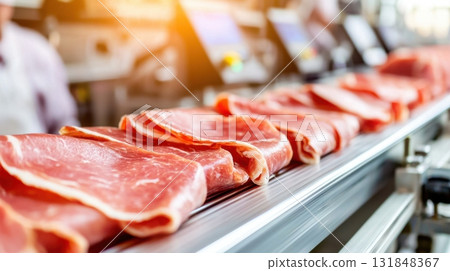 Raw ham slices on automated production line in food factory 131848367