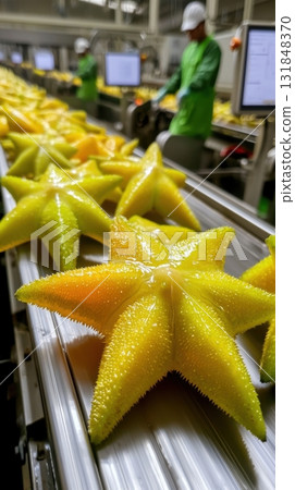 Fresh starfruit sorting on conveyor belt in modern tropical fruit processing plant Fresh starfruit sorting on conveyor belt in modern tropical fruit processing plant 131848370