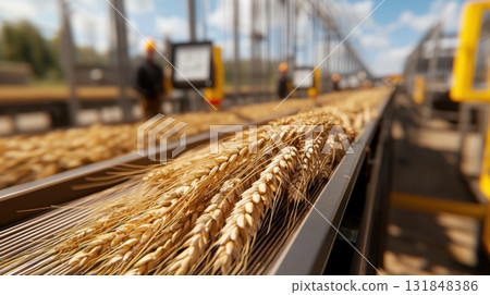 Golden wheat on conveyor belt in modern grain processing and milling plant 131848386