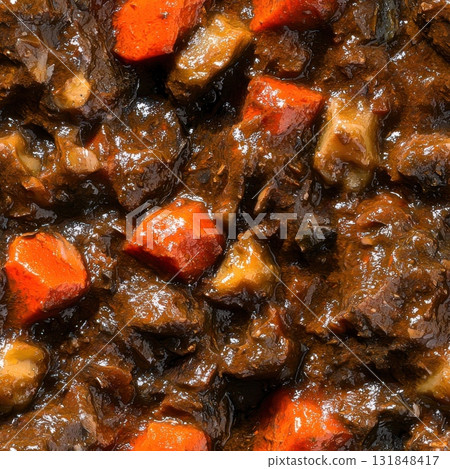 Homemade beef stew with carrot pieces and savory gravy 131848417