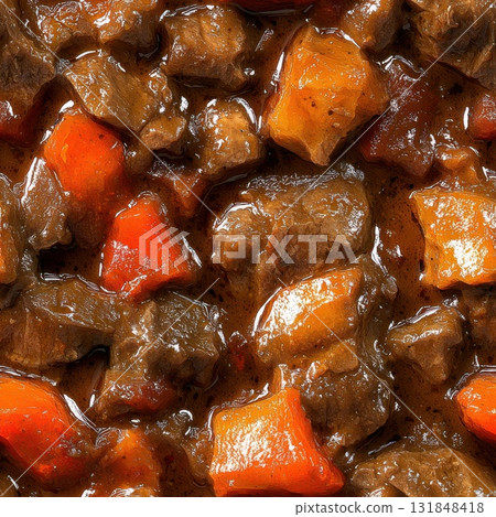 Close-up of beef stew with carrots in rich brown gravy 131848418