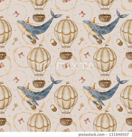 Watercolor pattern vintage blue whale, hot air balloon, frame, key, bow, lock. Hand-drawn illustration in childish style. Seamless print on soft beige background, suitable for clothing textile design Watercolor pattern vintage blue whale, hot air balloon, frame, key, bow, lock. Hand-drawn illustration in childish style. Seamless print on soft beige background, suitable for clothing textile design 131848507