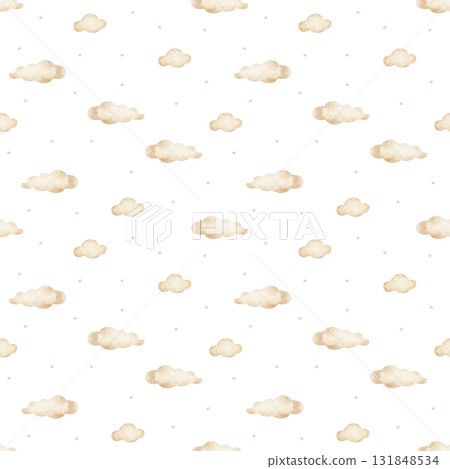 Children's pattern cute beige clouds among stars. Hand-drawn watercolor illustration in monochrome. Seamless print is isolated from background suitable for fabric, wallpaper, packaging, textiles Children's pattern cute beige clouds among stars. Hand-drawn watercolor illustration in monochrome. Seamless print is isolated from background suitable for fabric, wallpaper, packaging, textiles 131848534
