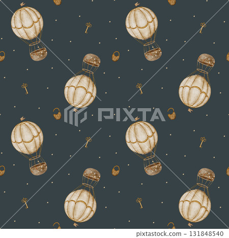 Pattern vintage hot air balloon, key, lock, starry adventure. Hand-drawn watercolor illustration in childish retro style. Seamless print on navy blue background for textile design, fabrics wallpaper 131848540