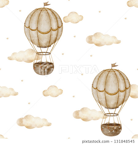 Seamless pattern beige balloons, clouds, stars. Hand drawn watercolor illustration in childish style. Print isolated from background for nursery design, fabric printing, wallpaper, textiles, clothing Seamless pattern beige balloons, clouds, stars. Hand drawn watercolor illustration in childish style. Print isolated from background for nursery design, fabric printing, wallpaper, textiles, clothing 131848545