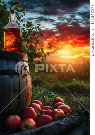 Sunset in garden with apple cider vinegar bottle, fresh apples, wooden barrel 131848578