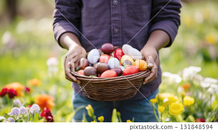 African american child holding basket of colorful Easter eggs in sunny garden 131848594