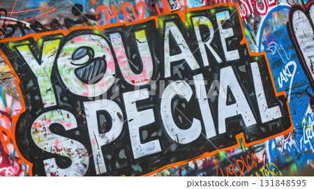 Graffiti wall background with text message YOU ARE SRECIAL and paint splashes 131848595