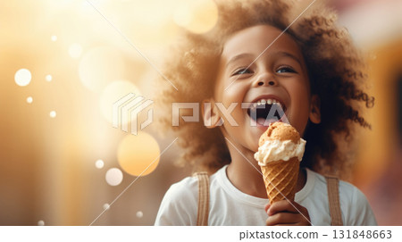 Latin American child portrait enjoying caramel ice cream cone, copy space 131848663