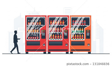 Illustration of a typical street scene with vending machines and pedestrians 131848836